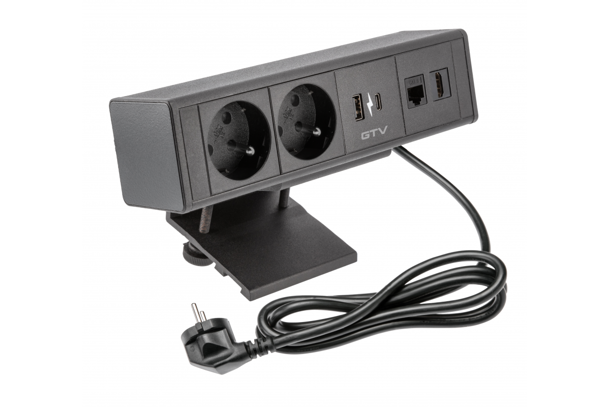 Furniture socket BAR, 2x French socket, 1xUSB A, 1xUSB C. 1xRJ45, 1xHDMI, cable 1.5m, black