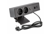 Furniture socket BAR, 2x French socket, 1xUSB A, 1xUSB C. 1xRJ45, 1xHDMI, cable 1.5m, black
