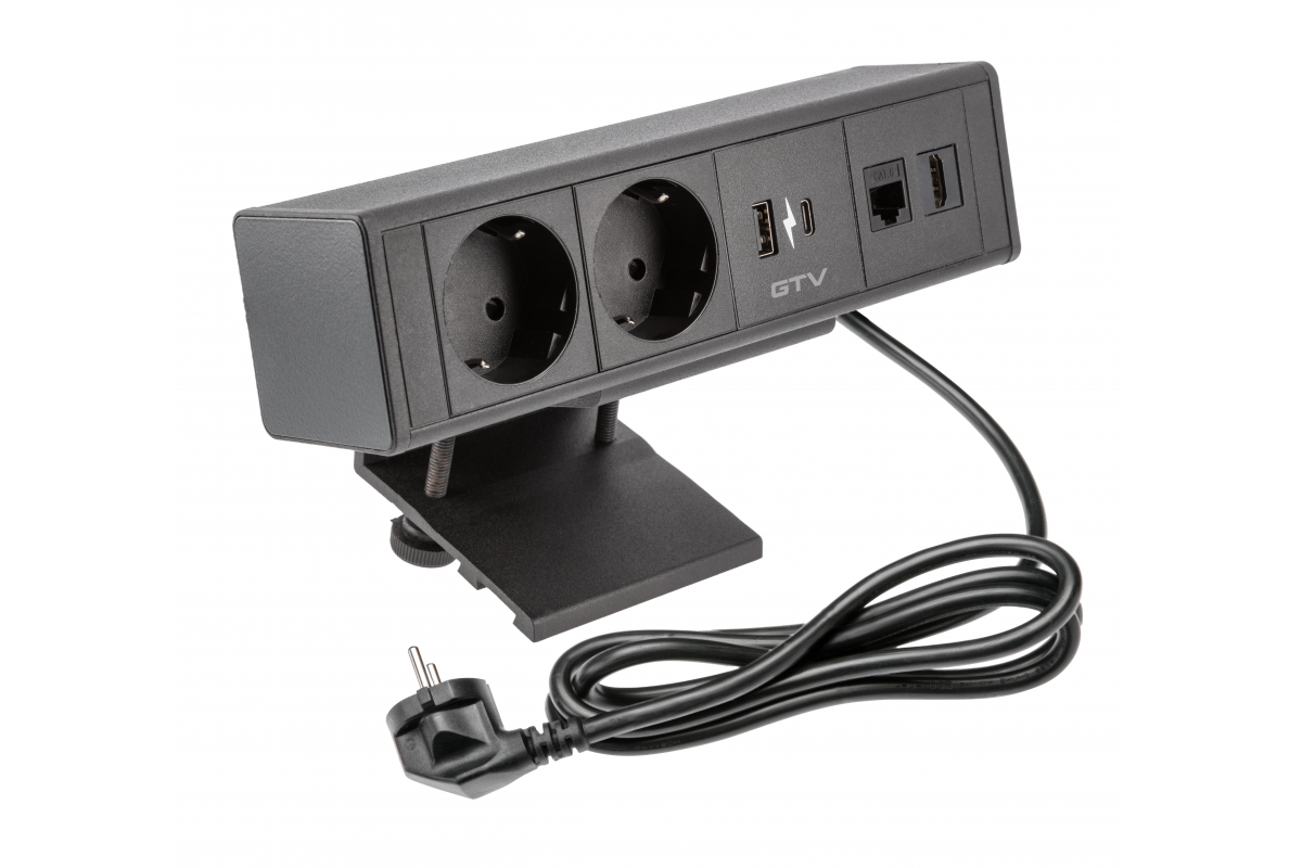 Furniture socket BAR, 2x schuko socket, 1xUSB A, 1xUSB C. 1xRJ45, 1xHDMI,, cable 1.5m, black