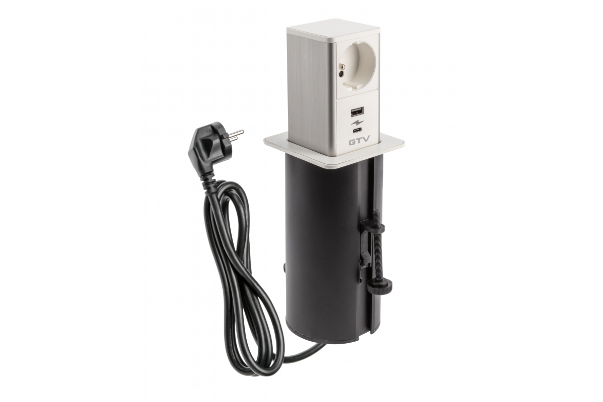 Toma de corriente extraíble tipo torre para muebles, 1 toma francesa, 1 USB A, 1 USB C, cable de 1,5 m, blanca, tapa de acero inoxidable