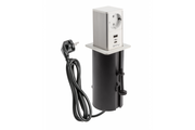 Toma de corriente extraíble tipo torre para muebles, 1 toma Schuko, 1 USB A, 1 USB C, cable de 1,5 m, blanca, tapa de acero inoxidable