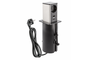 Toma de corriente extraíble tipo torre para muebles, 1 toma Schuko, 1 USB A, 1 USB, cable de 1,5 m, negra, tapa de acero inoxidable