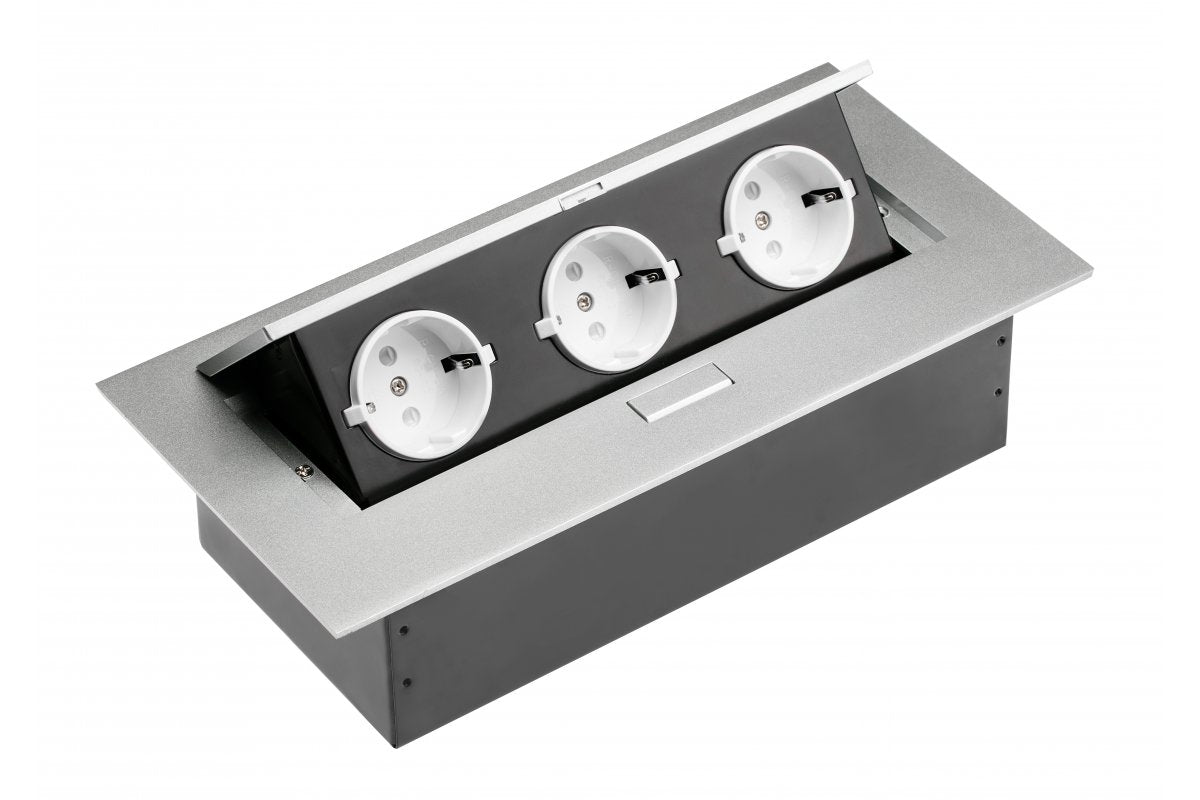Desktop extension cable 3x schuko socket, without cable, aluminum