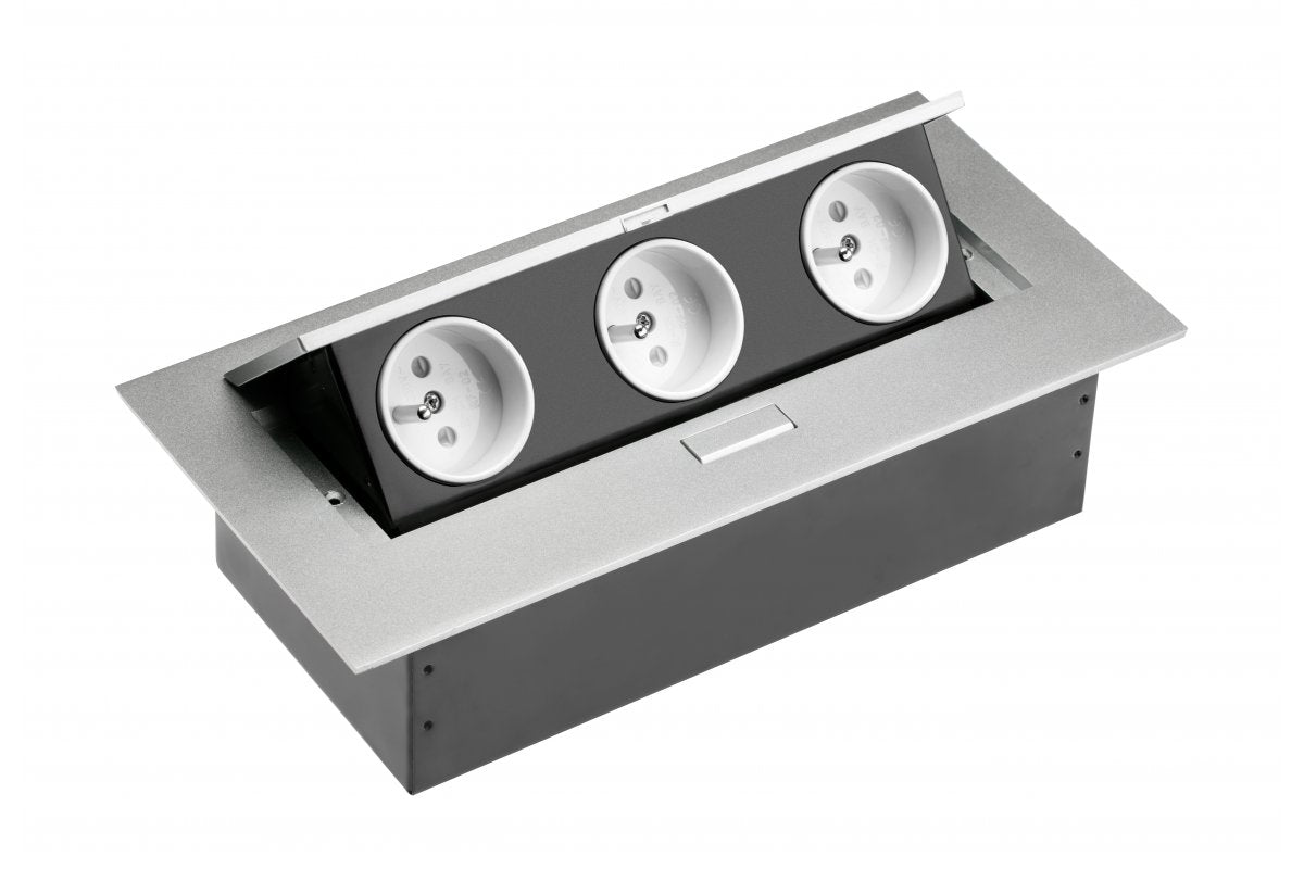 Desktop extension cable 3x socket with grounding, without cable, aluminum