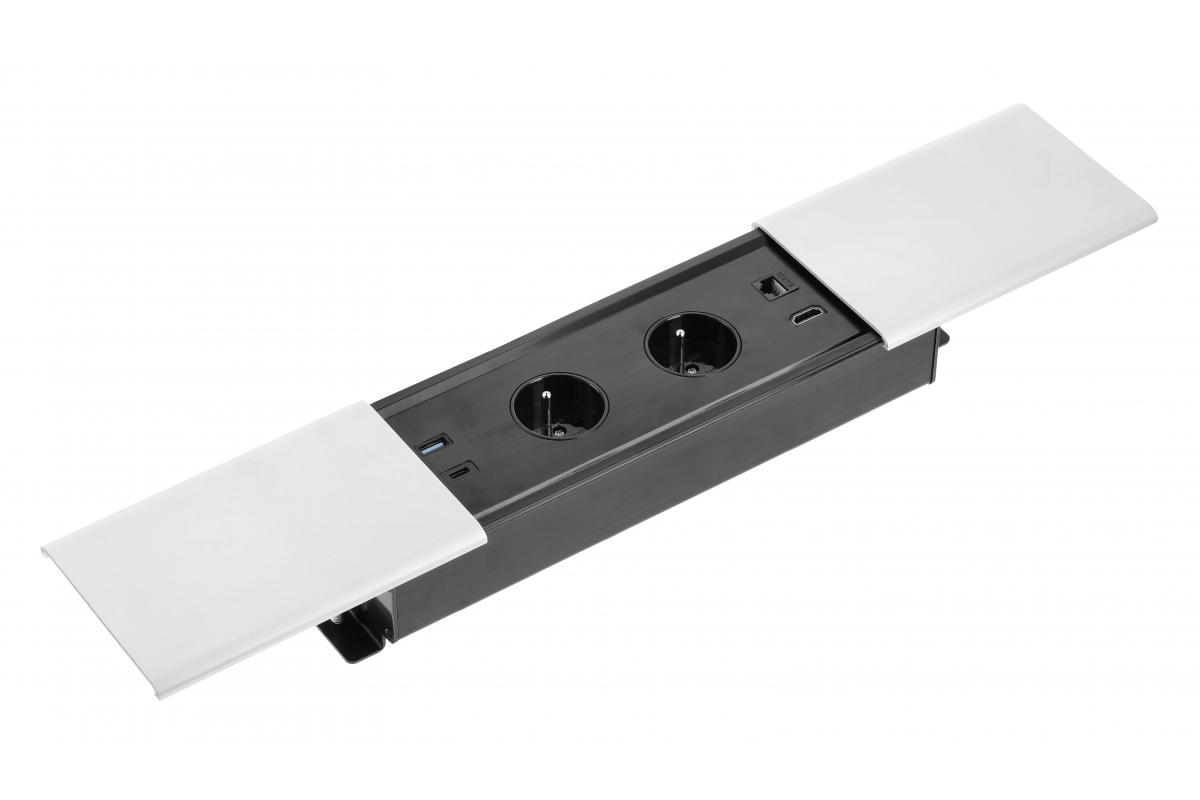 PRESTINO recessed desktop extension cable, 2x french socket, USB A+C, RJ45, HDMI, cable 1.5m, white
