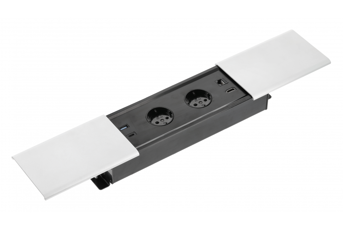 PRESTINO recessed desktop extension cable, 2x schuko socket, USB A+C, RJ45, HDMI, cable 1.5m, white