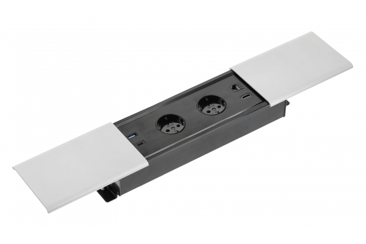PRESTINO recessed desktop extension cable, 2x schuko socket, USB A+C, RJ45, HDMI, cable 1.5m, silver