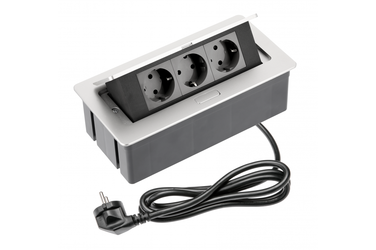 Toma para muebles SOFT, 3 tomas Schuko, cable de alimentación con enchufe, aluminio