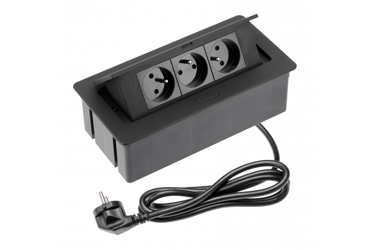 Furniture socket SOFT 3x socket with earthing, power cable with plug, black