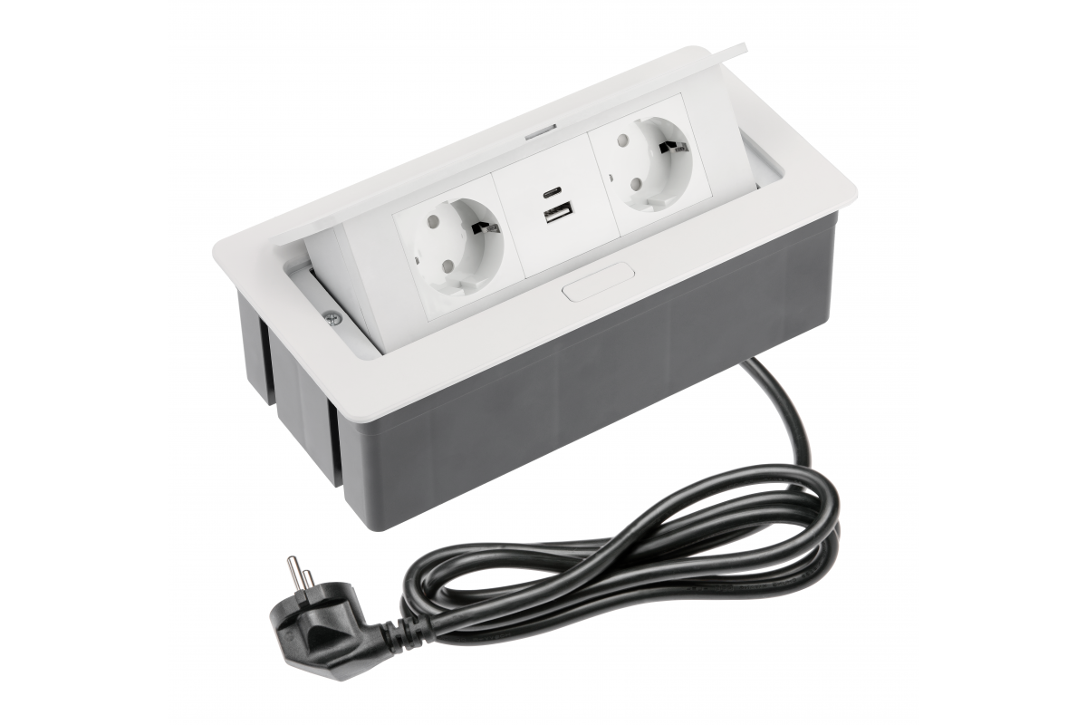 Furniture socket SOFT 2x Schuko socket, USB A+C, power cable with plug, white