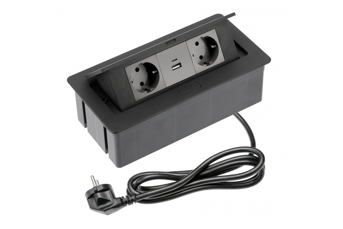 Furniture socket SOFT 2x Schuko socket, USB A+C, power cable with plug, black