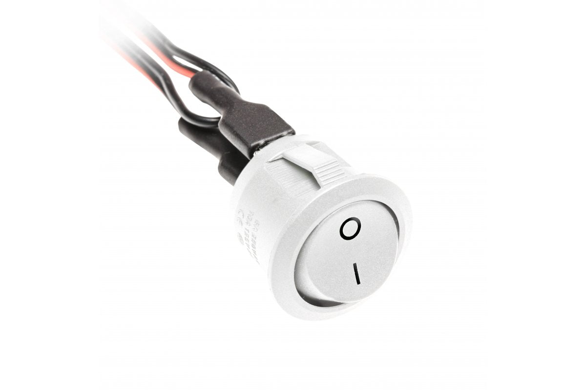 Rocker switch white 12V 3A with 0.1m wires and mini amp connectors male and female
