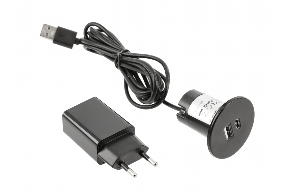 Cargador USB A+C 5V 2A con fuente de alimentación, negro
