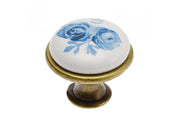 Pomo de porcelana 728-J4 latón antiguo A-Blue Rose