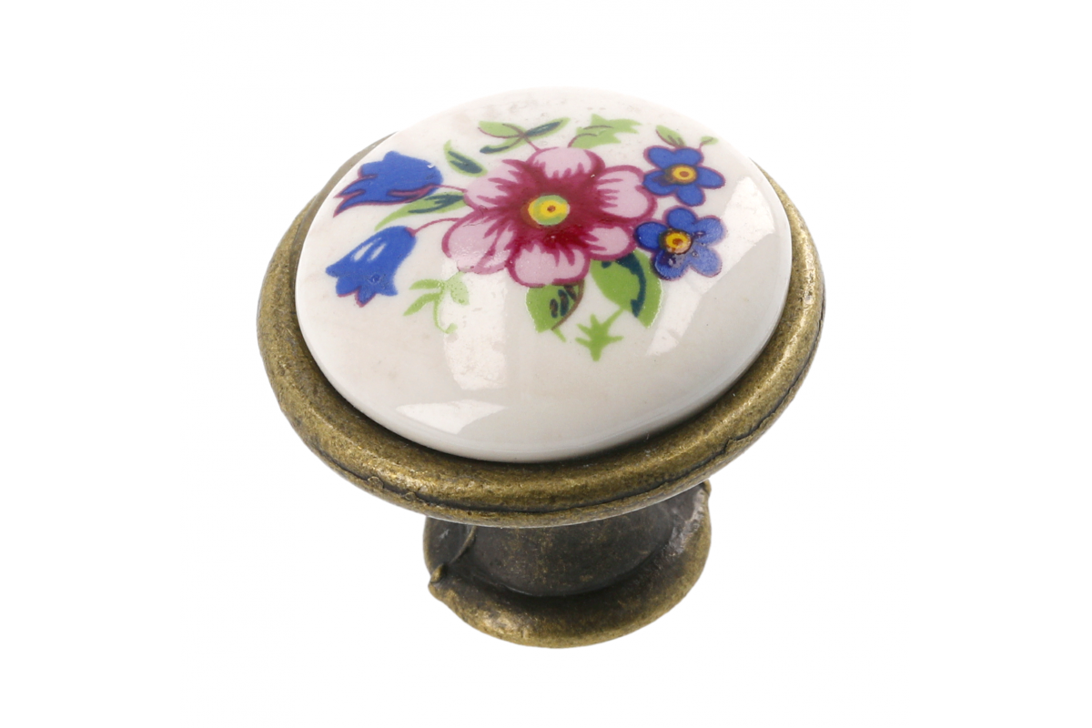 Porcelain knob J4 antique brass R-pink flower