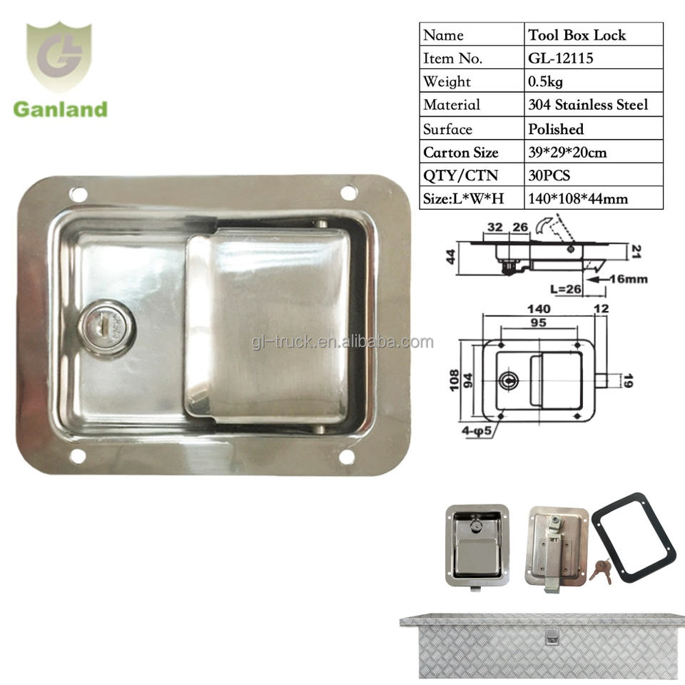 GL-12115 Polished 304 Stainless Steel Toolbox Latch 140mm Length Truck Door Lock 0.5kgs Weight Key Cylinder for Tool Boxes
