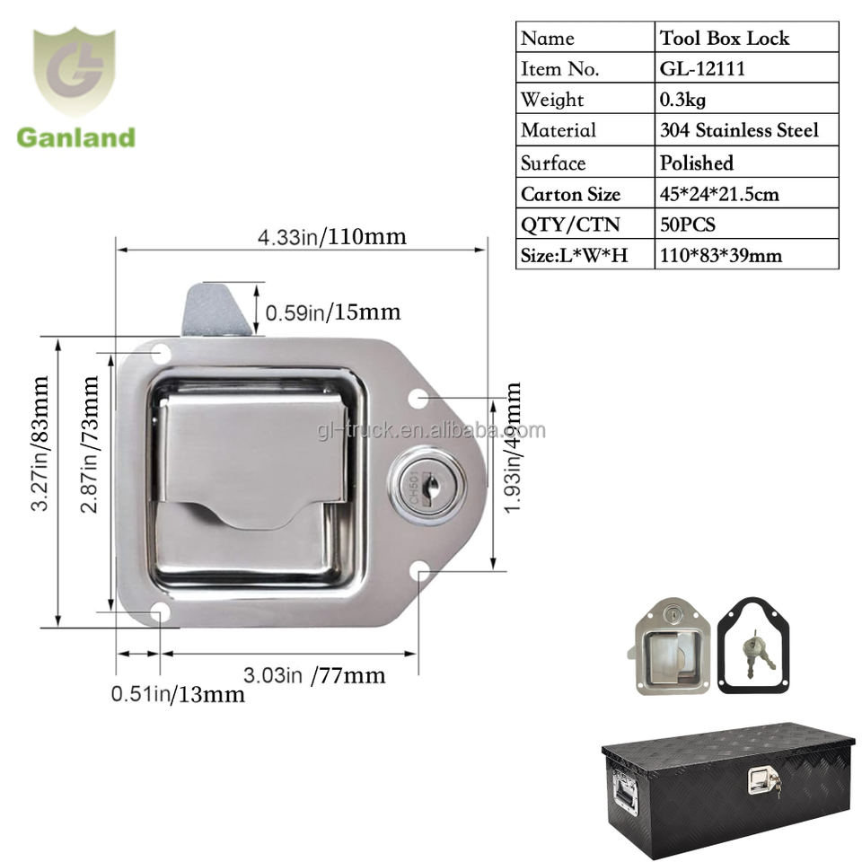 GL-12111  304 Stainless Steel Truck Paddle Latch Tralior Auto Parts Box Lock for Truck vans Body Parts