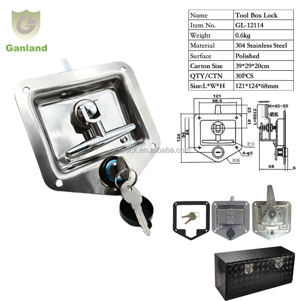 GL-12114-B Truck Tool Box Locks with Mirror Polished Curved Folding Handle Key Unlock-Waterproof Feature
