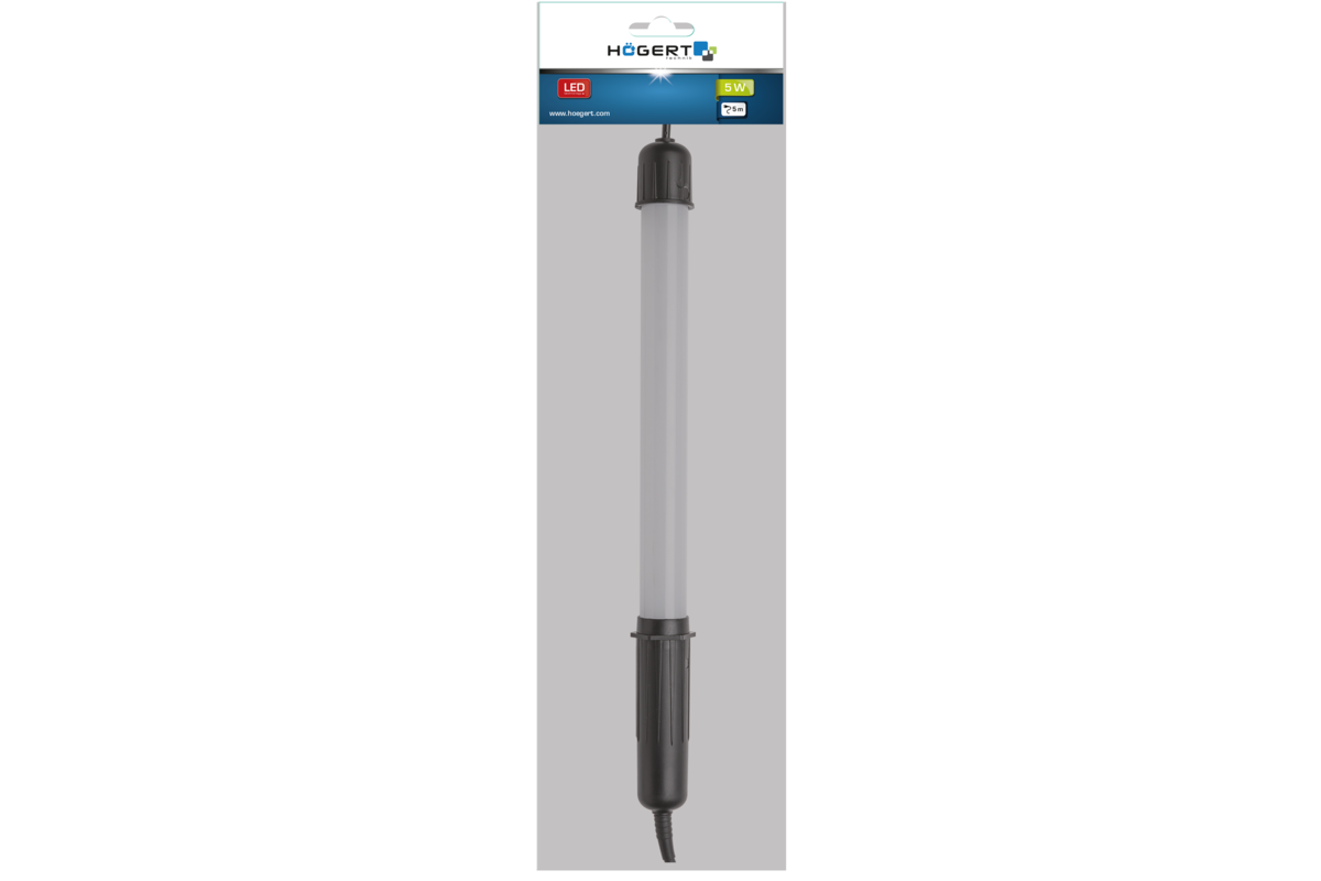 Hogert LED portable fixture,AC100-250V,50-60Hz,5W,350lm,IP54,5m,2×1,00mm2,PF>0,5,6500K