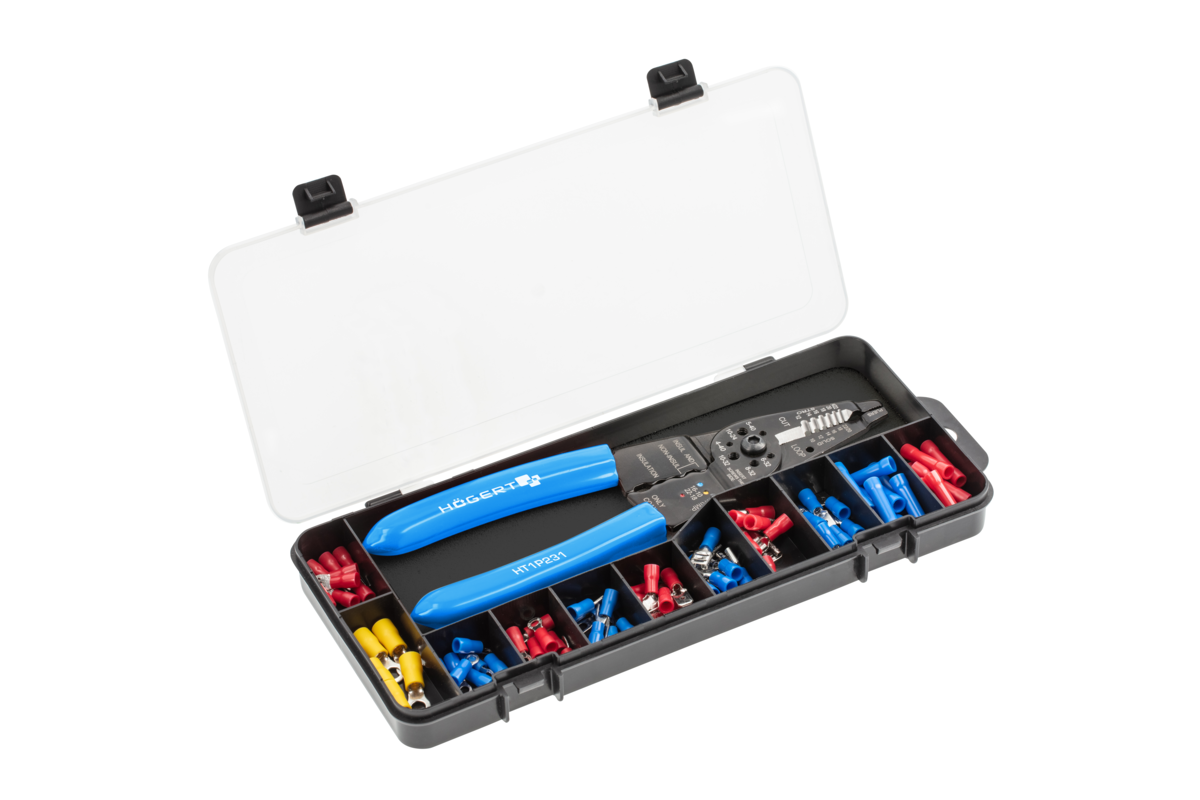 Hogert Crimping pliers for terminals with insulation stripper + connectors, 86 pcs.
