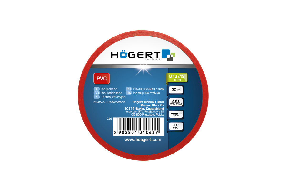 Hogert Insulation tape 0.13 mm x 19 mm x 20 m, red