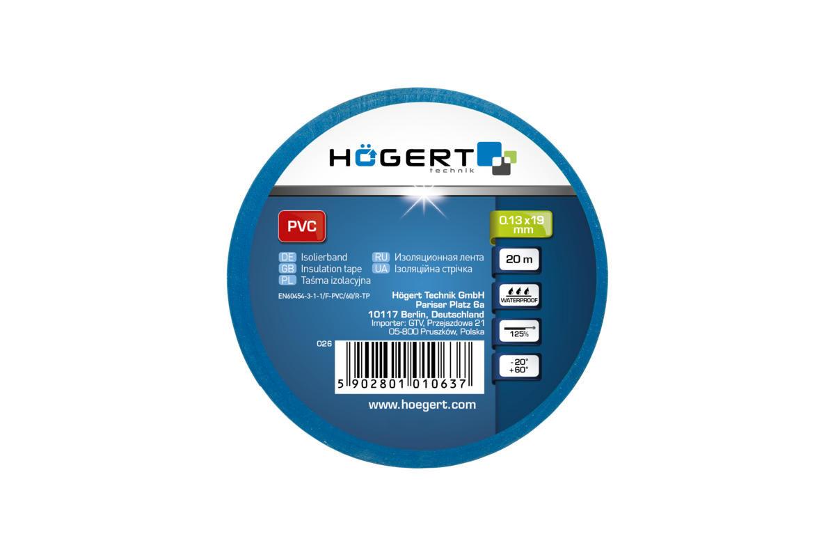 Hogert Insulation tape 0.13 mm x 19 mm x 20 m, blue