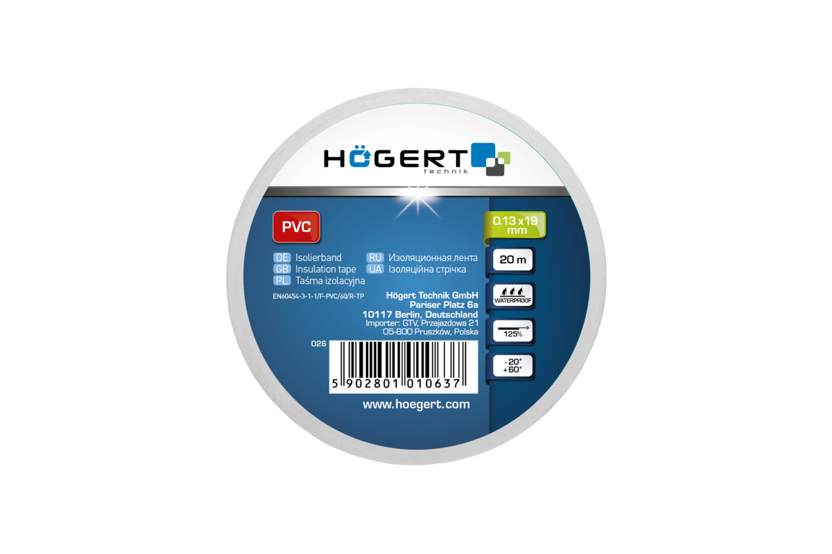 Hogert Insulation tape 0.13 mm x 19 mm x 20 m, white