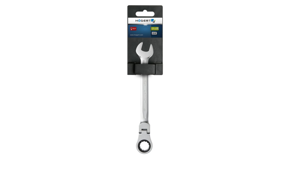 Hogert Combination ratchet spanner with flex head, CrV steel, 17 mm, 72T��