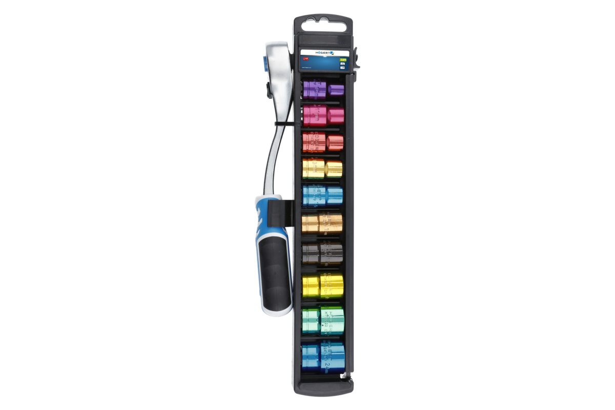 Hogert Color coded sockets set with ratchet handle 1/2", CrV steel, 72T, 11 pcs