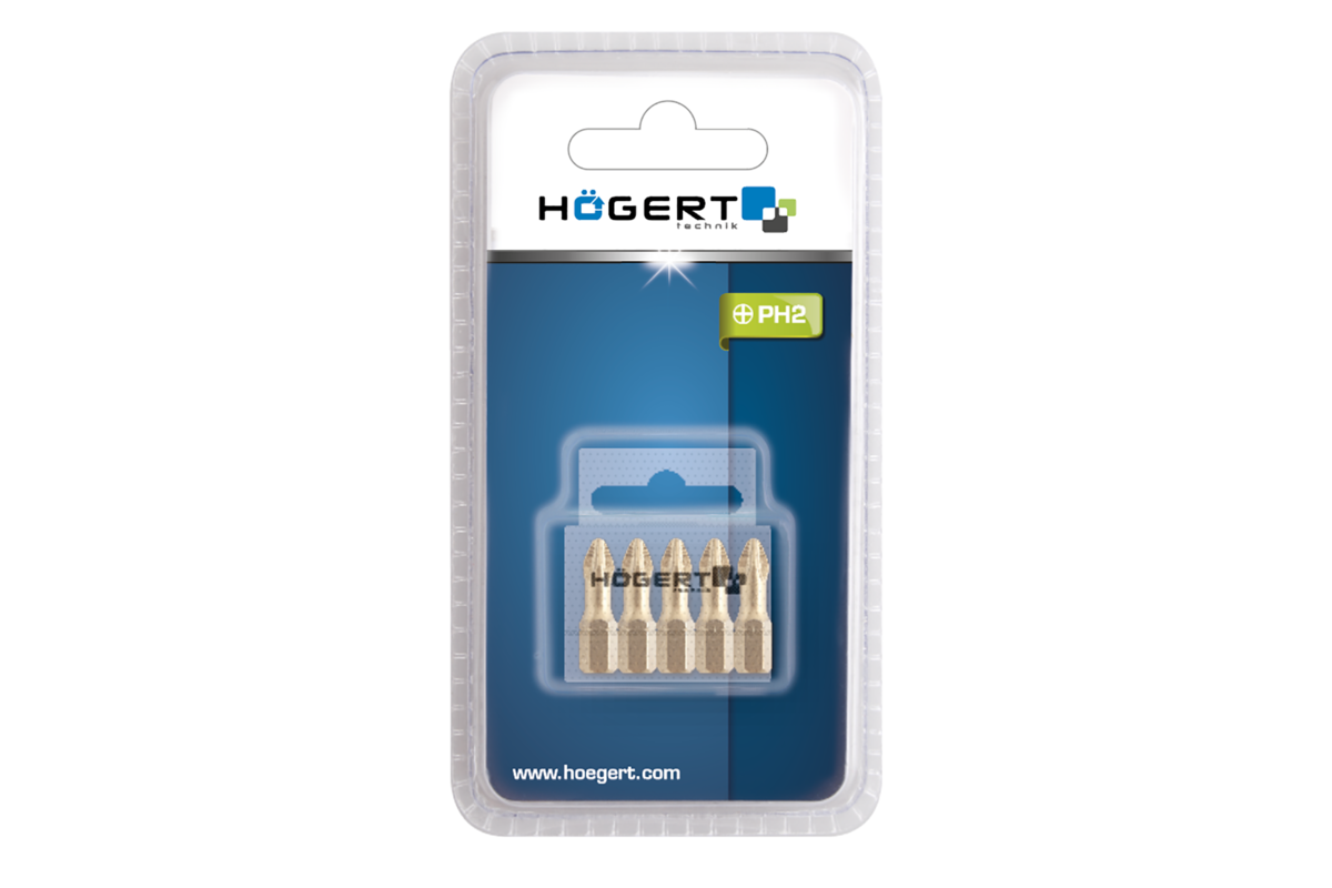 Screwdriver bit, PH2 25 mm, S2 steel, titanium coated, 5- piece blister