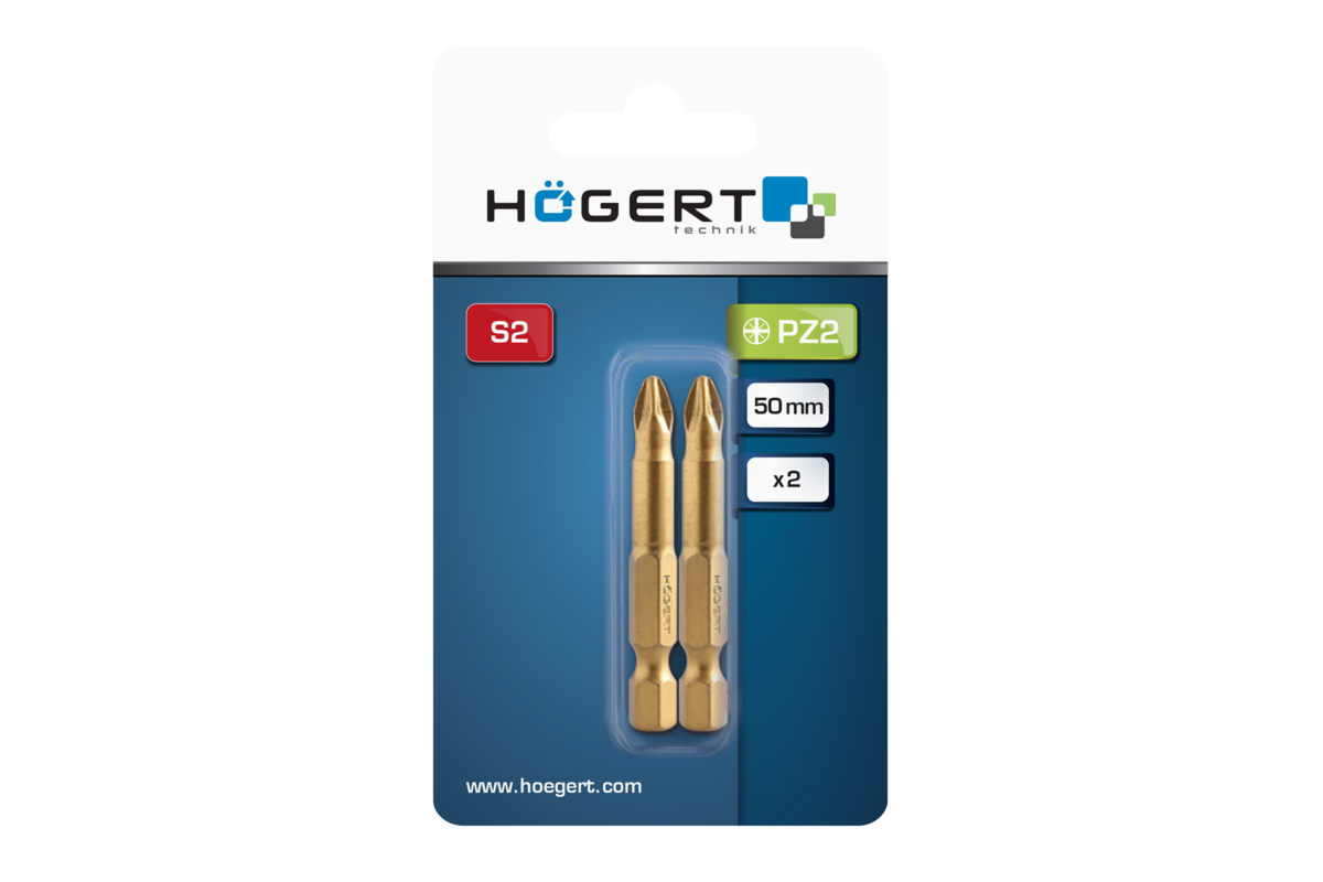 Screwdriver bit, PZ2 50 mm, S2 steel, titanium coated, 2- piece blister