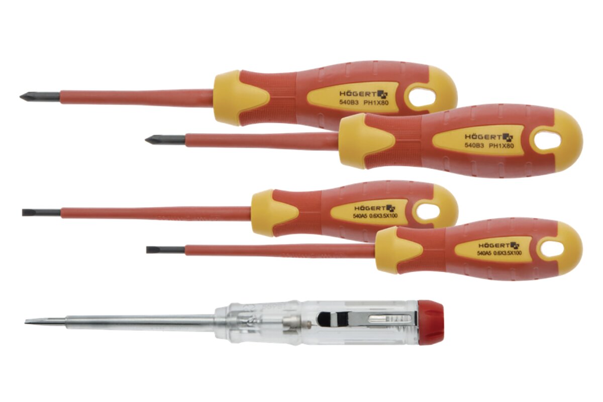 Hogert 5- piece insulated screwdriver set, 1000 V, S2 steel. With voltage tester.