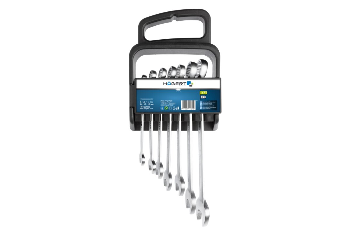 Hogert Combination spanners set, 7 pcs, 8-19 mm, plastic handle for hanging, CrV, DIN 3113