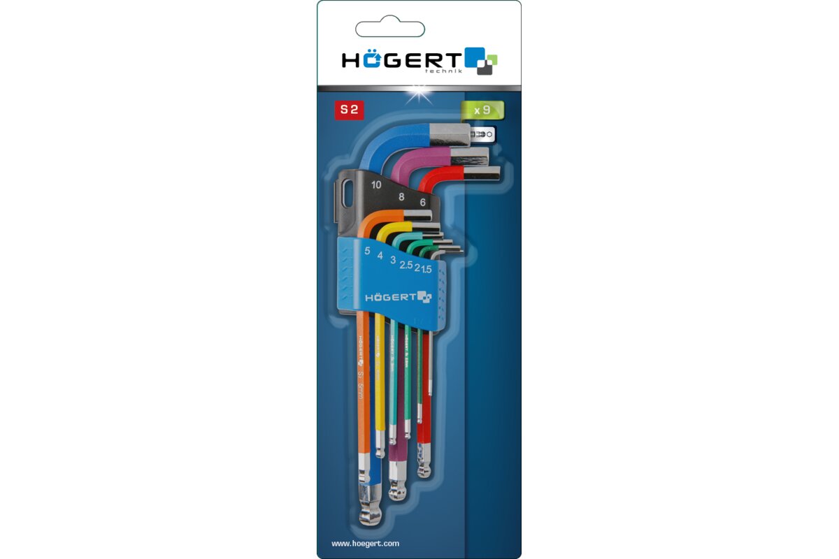 Hogert 9-piece hex keys set, long arm, colour coded