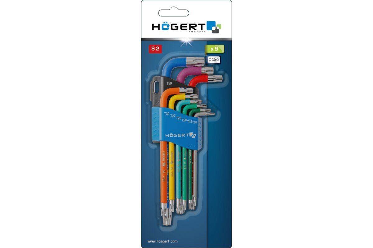 Hogert 9-piece Torx keys set, long arm, colour coded