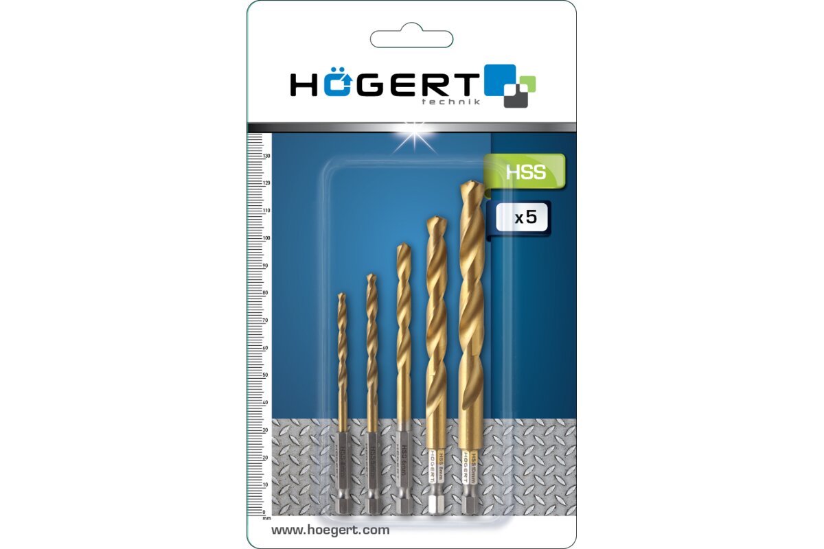 Hogert Metal drill bit set: 4.5.6.8.10 mm, made of HSS steel