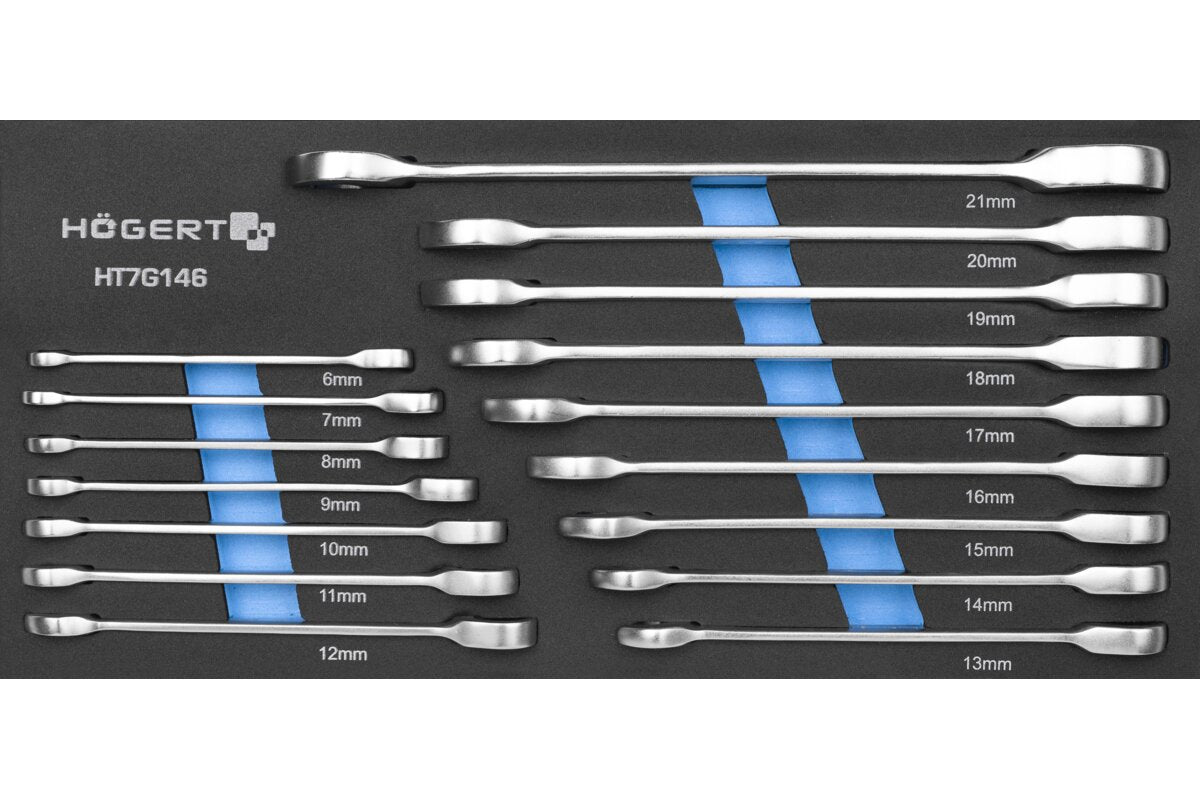 Hogert Combination ratchet spanner, set 16 pcs, technical foam