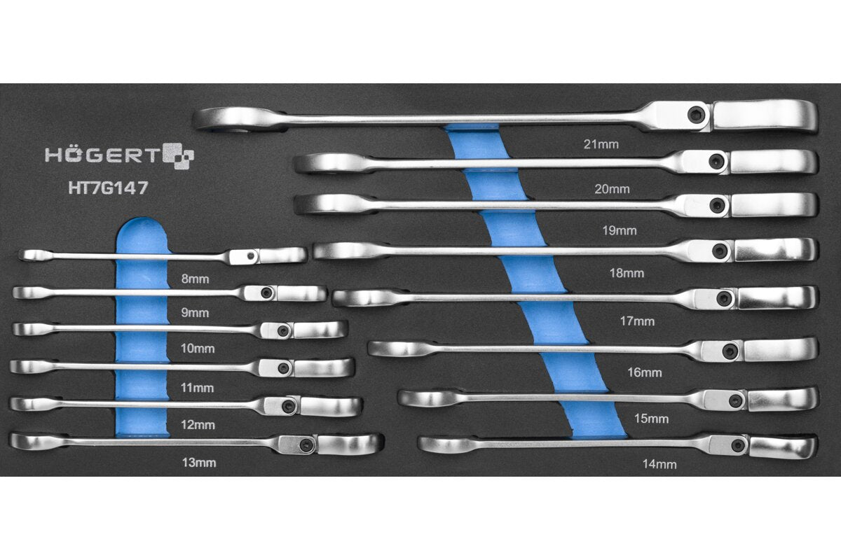 Hogert Combination ratchet spanner with flex head set 14 pcs, technical foam