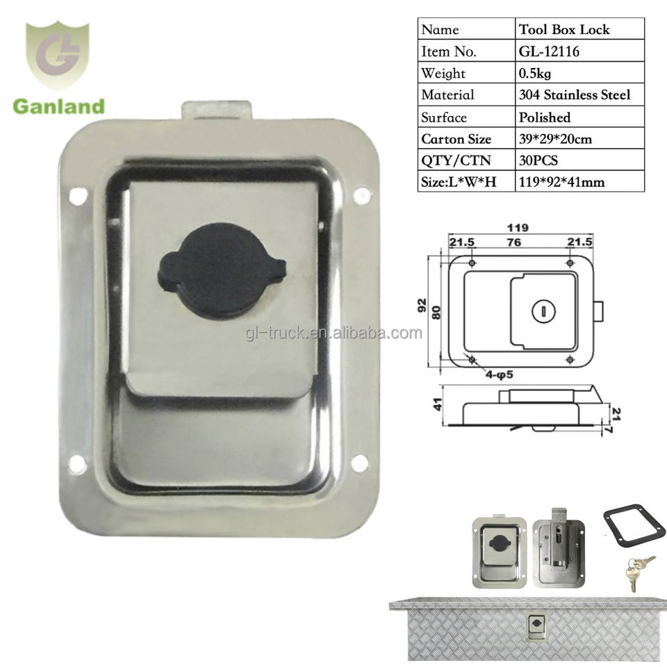 GL-12116  Length 119mm Weight 0.4kgs Polished 304 Stainless Steel Toolbox Latch Truck Door Lock Truck Paddle Handle Locks