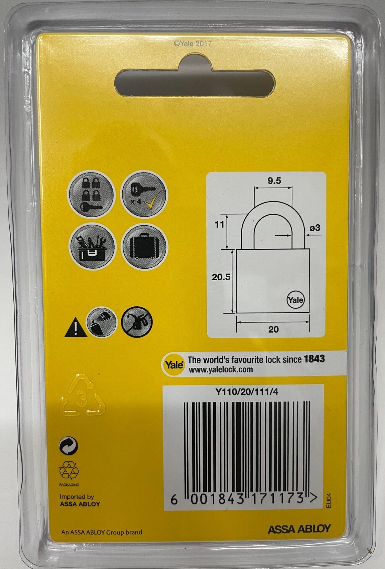 مجموعة أقفال نحاسية من ييل Y110/20/111/4، 4 قطع، مقاس 20 مم 