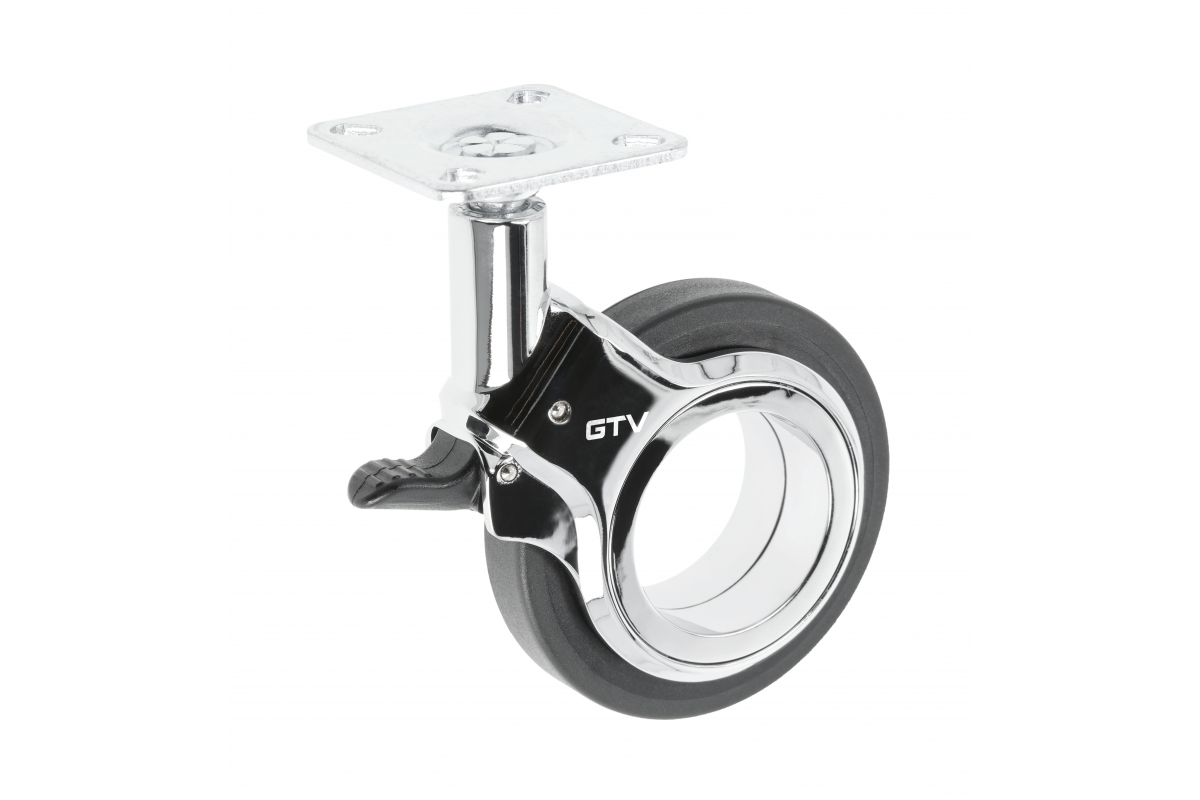 Furniture roller GTV GIRA, H=107 mm, dia75 mm, with brake, plastic + steel, black + chrome
