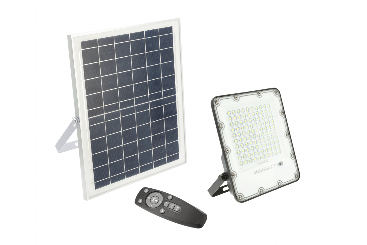 Solar LED floodlight BRAVOS, 100W, 1000lm, 6400K, IP65, 120°, solar panel, remote control, 3y