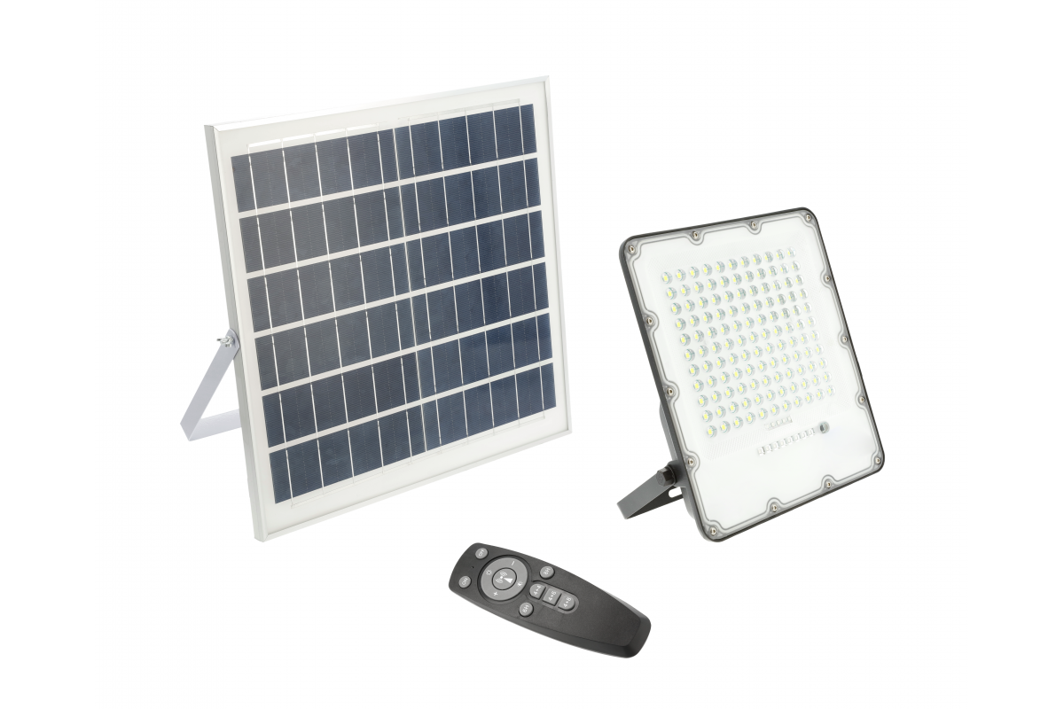 Solar LED floodlight BRAVOS, 150W, 1500lm, 6400K, IP65, 120°, solar panel, remote control, 3y