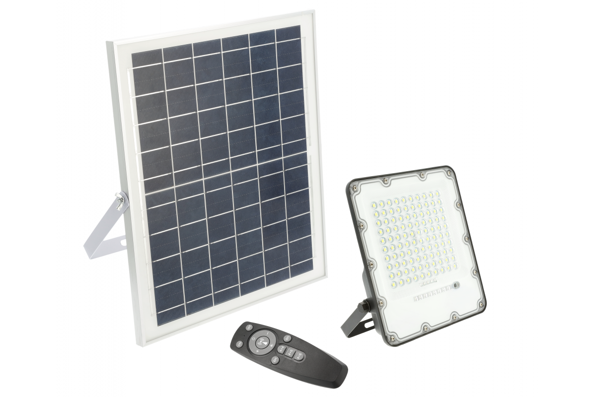 Solar LED floodlight BRAVOS, 50W, 500lm, 6400K, IP65, 120°, solar panel, remote control, 3y