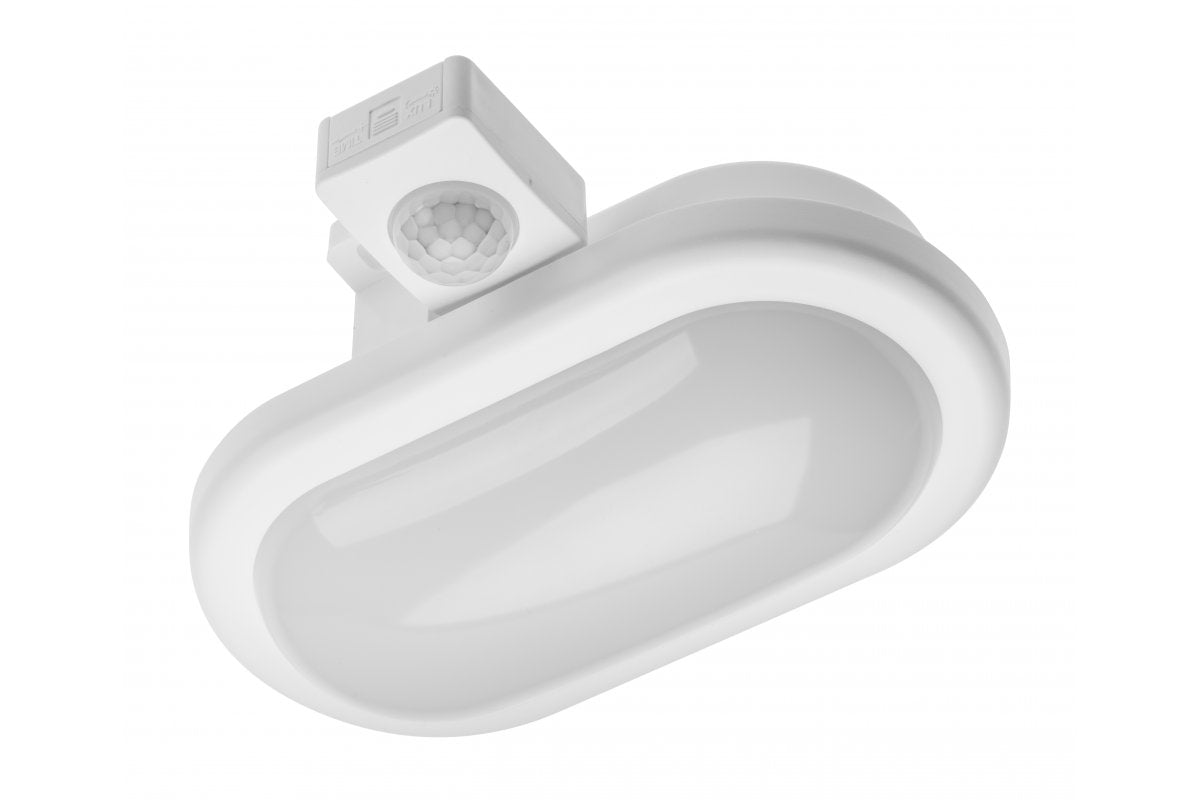 LED bulkhead fixture DELTA 6W OVAL with sensor, 6W, 400lm, AC220-240V, 50/60 Hz, PF>0,5, RA>80, IP54, beam angle 120°, neutral white 4000K, white housing