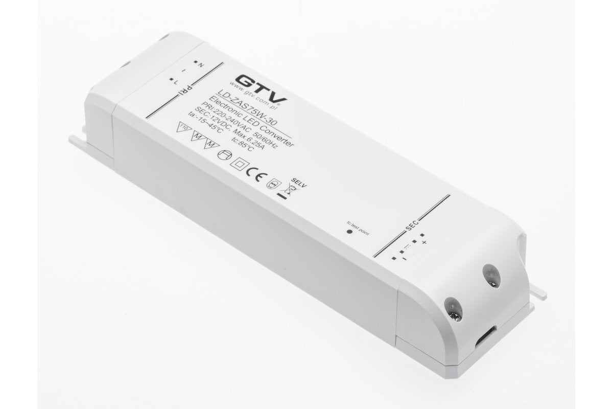 LED transformer in: 220V-240V~50hz. output: 12V dc/75W. IP20