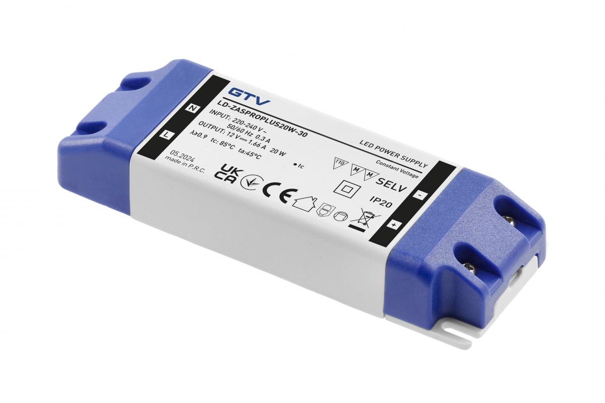 LED Power Supply PRO+ 12V, 20W, input 220-240VAC, IP20, dim.120x42x20 mm