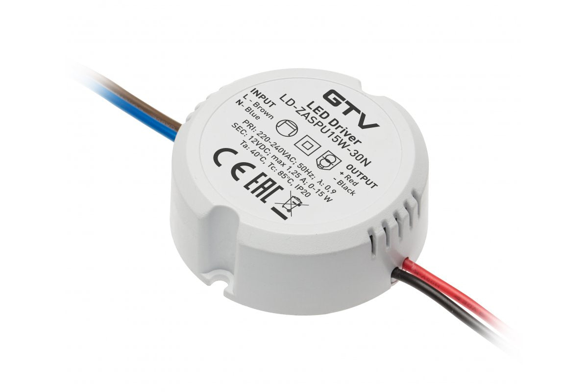 LED can power supply 12V,15W, input 220-240VAC, IP20, wym.fi55 x 21mm with 100mm wires