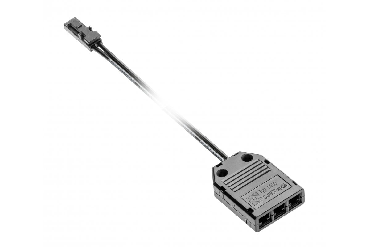 Connector for LED lighting, distributor black 3 sockets with 2m AWG24 cable and mini amp m connector