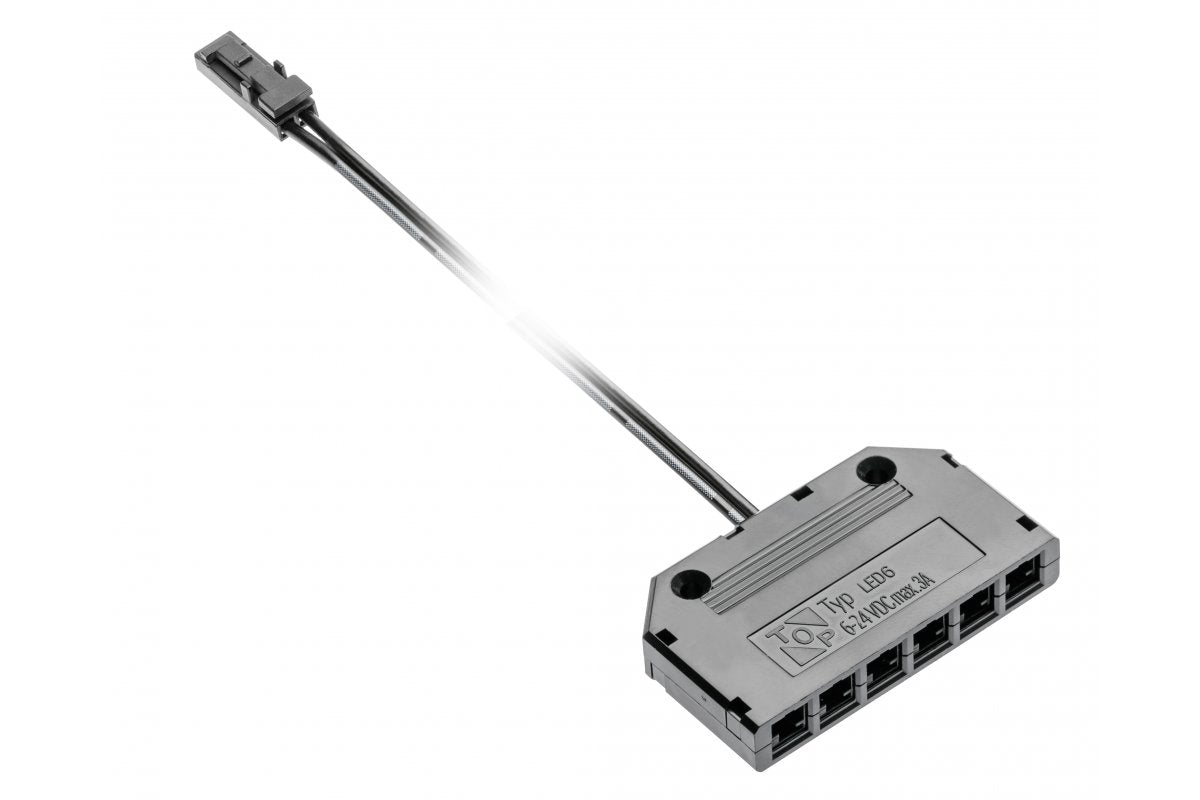 Connector for LED lighting, distributor black 6 sockets with 2m AWG24 cable and mini amp m connector
